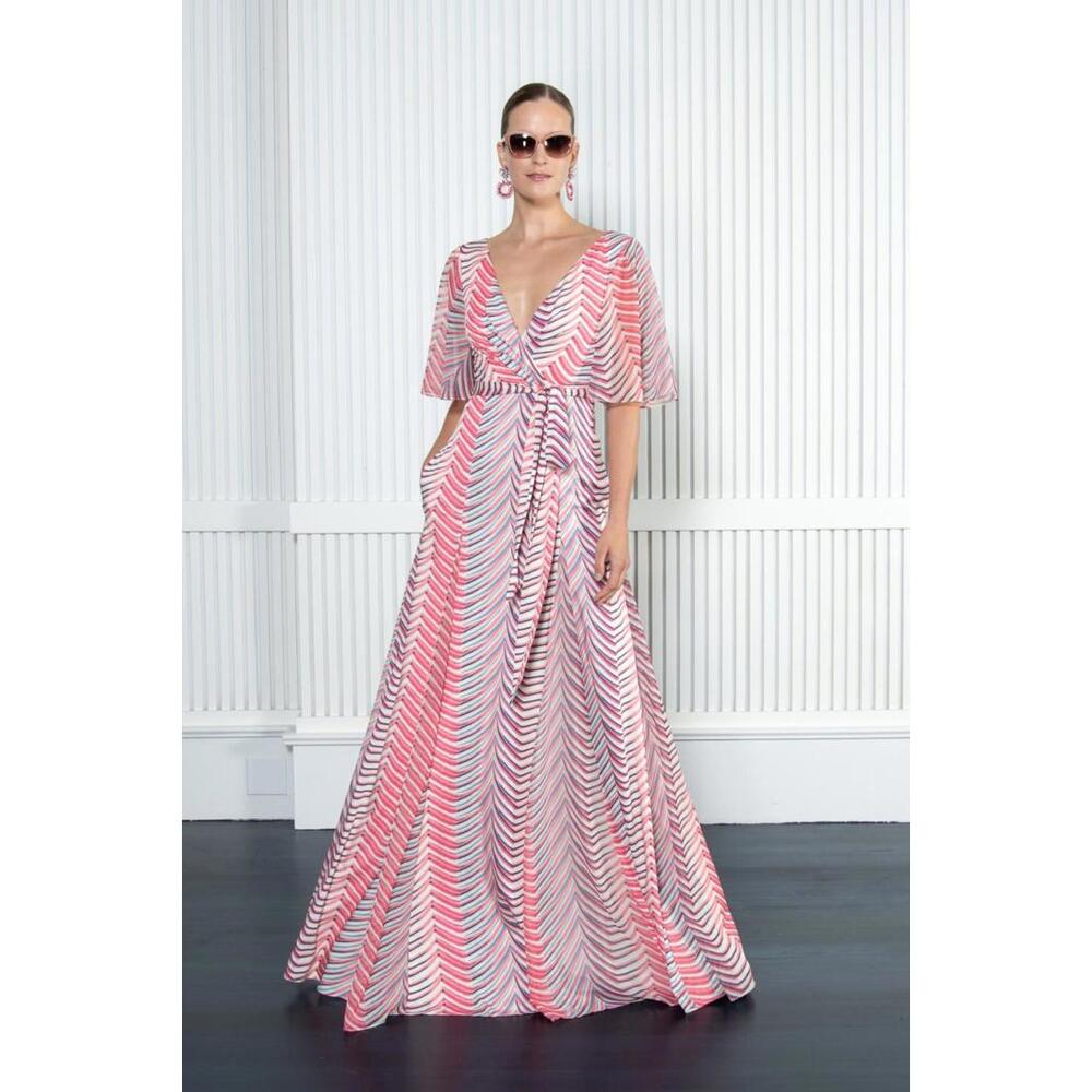 Badgley Mischka sz 6 Modest Printed Elbow Sleeve Chevron Resort Gown $990 Boho
